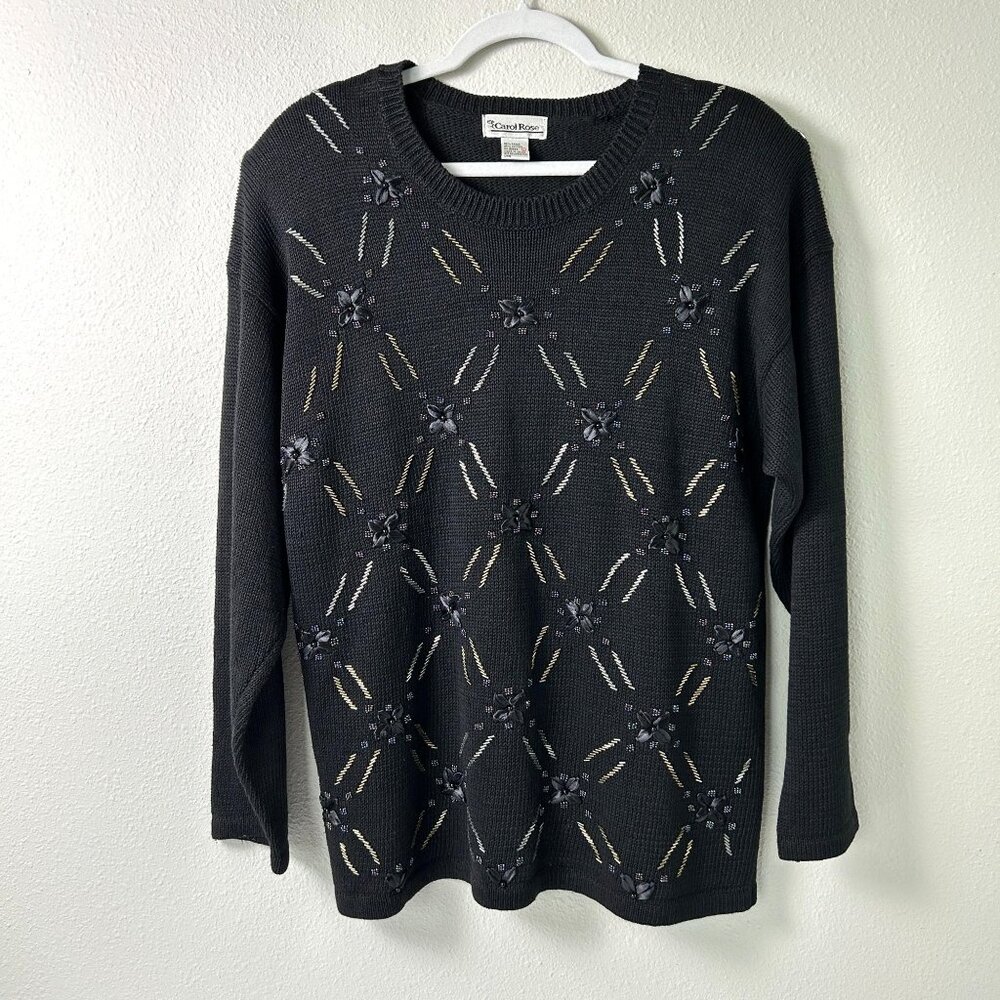 Carol Rose Sweater Size L Black Bead Embellished Ribbon Flower Pullover‎ Vintage